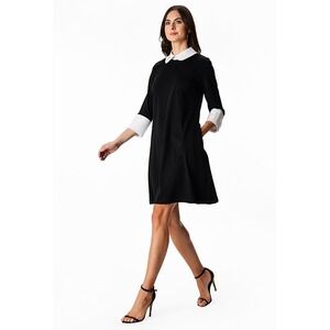 Ming Wang Black White Knit Shift Dress Collar 3/4 Sleeve‎ Office Career - Size L